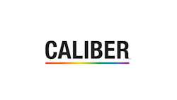 Caliber logo with bold black text and rainbow gradient underline