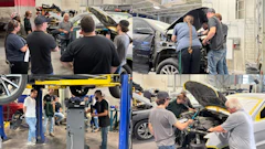 Automotive technicians and students conducting hands-on vehicle repair training in garage and outdoor workshop settings