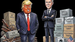 Political cartoon depicting tariff policy with caricatured figures and stacked boxes labeled with various tariff categories including steel, aluminum, and dairy.