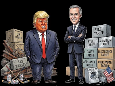 Political cartoon depicting tariff policy with caricatured figures and stacked boxes labeled with various tariff categories including steel, aluminum, and dairy.