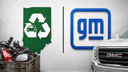 Indiana automotive recycling program symbol paired with GM logo, showing vehicle parts and GMC truck representing sustainable vehicle recycling partnership.