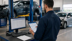 Automotive technician reviewing service data on tablet and desktop computer in professional repair shop with vehicles on lifts