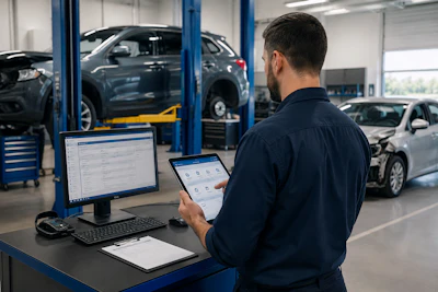 Automotive technician reviewing service data on tablet and desktop computer in professional repair shop with vehicles on lifts