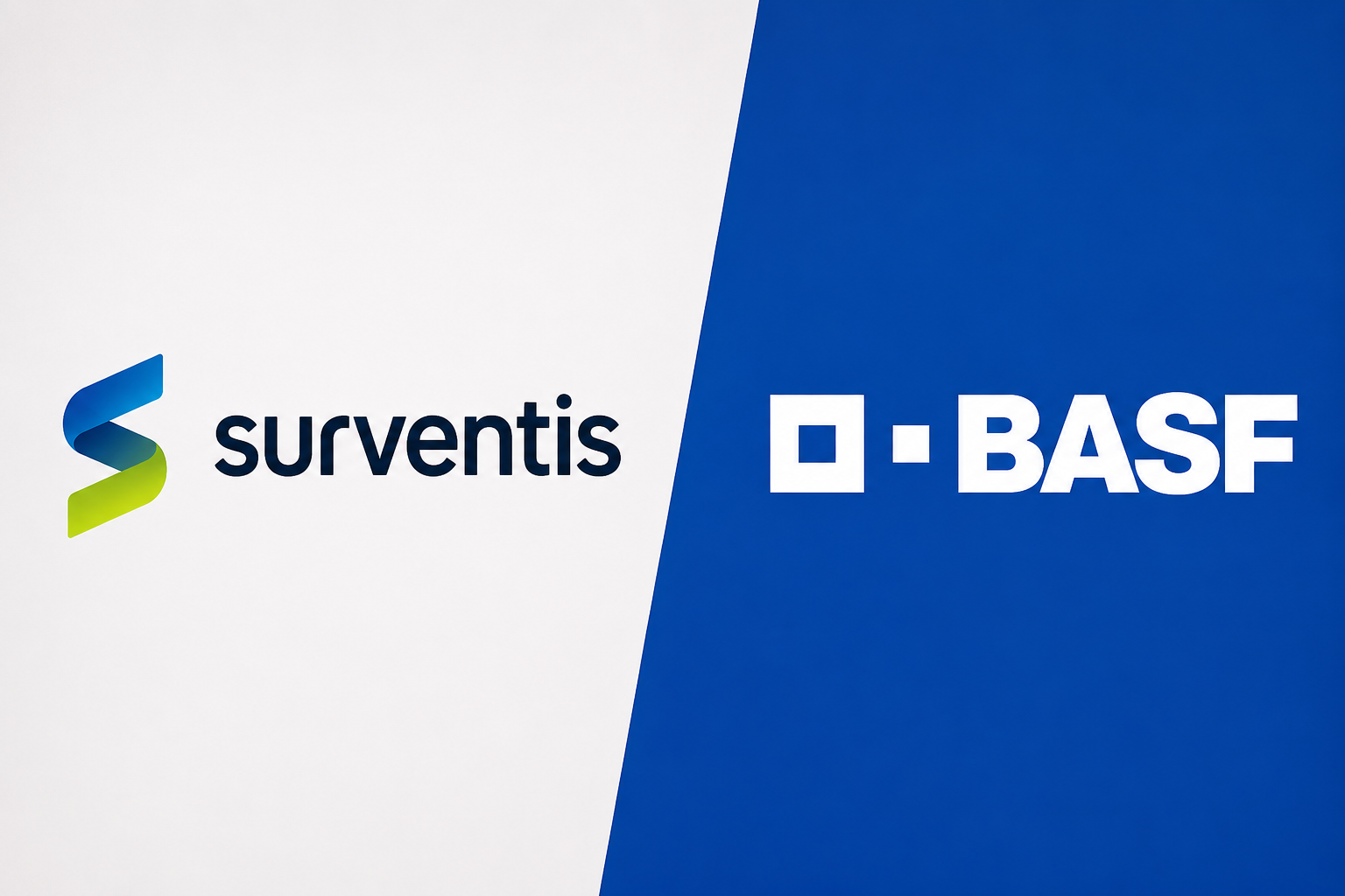 Surventis and BASF corporate logos displayed in partnership format with blue and white color scheme