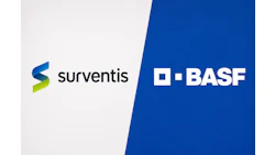 Surventis and BASF corporate logos displayed in partnership format with blue and white color scheme