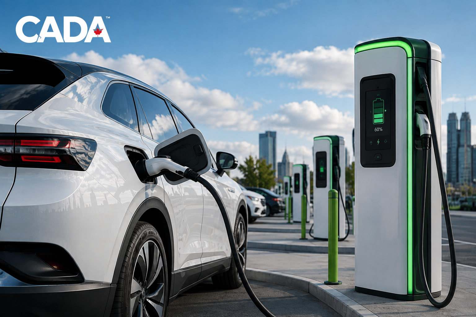White electric vehicle charging at green and white EV charging stations with city skyline in background