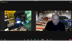 Live video conference showing welding demonstration on left and workshop instructor on right in industrial garage setting