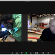 Live video conference showing welding demonstration on left and workshop instructor on right in industrial garage setting