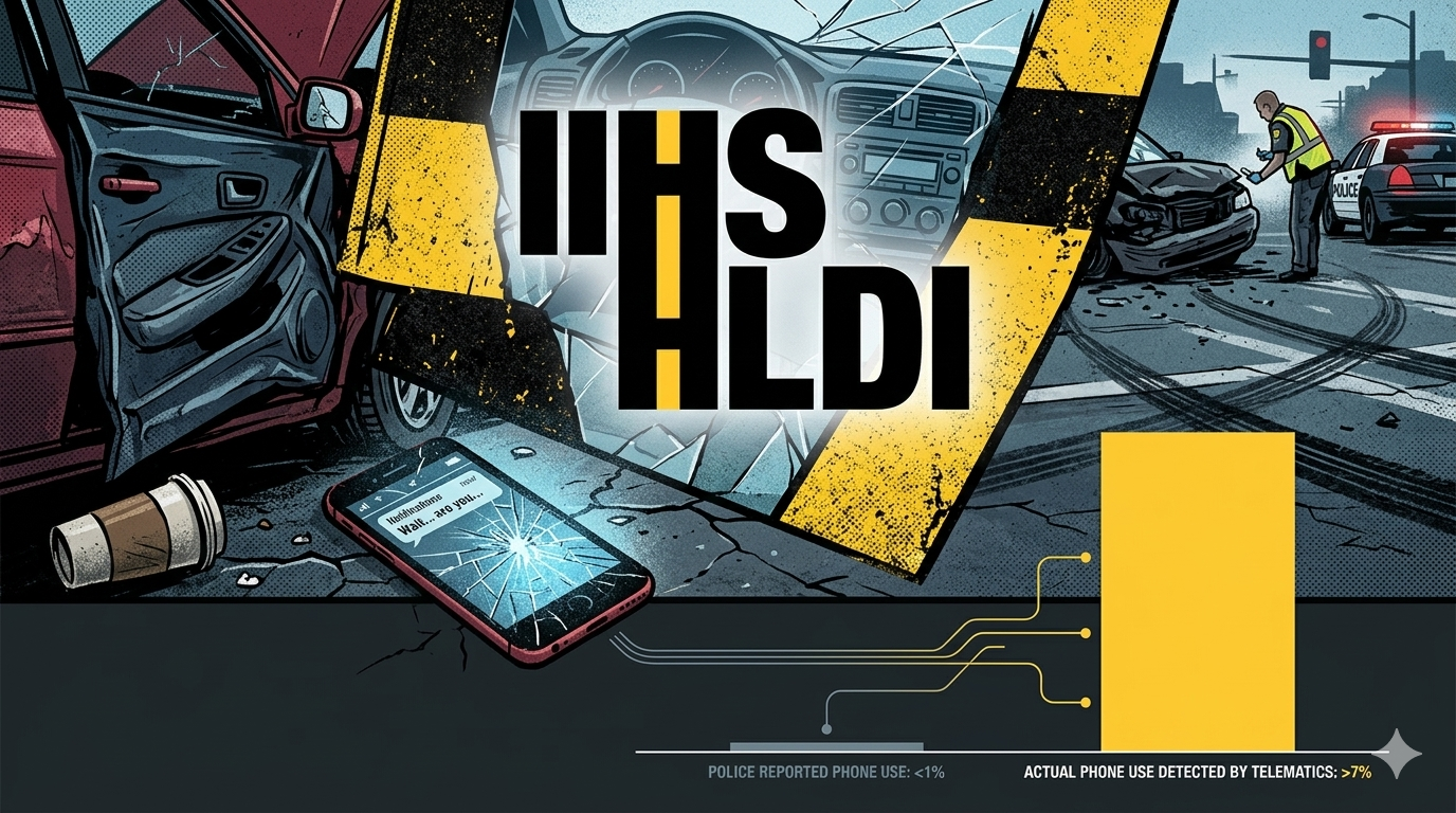 HLDI car accident scene with damaged vehicles, emergency responders, and broken smartphone showing distracted driving statistics
