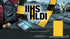 HLDI car accident scene with damaged vehicles, emergency responders, and broken smartphone showing distracted driving statistics