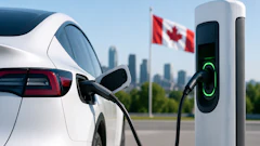 White electric vehicle charging at public station with Canadian flag and city skyline in background