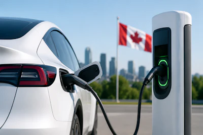 White electric vehicle charging at public station with Canadian flag and city skyline in background