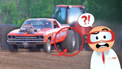 Red 1960s Chevrolet drag racing car with animated character expressing surprise at the vehicle's tire