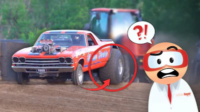 Red 1960s Chevrolet drag racing car with animated character expressing surprise at the vehicle's tire