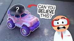 Pink toy Jeep with purple wheels next to cartoon character saying 'Can you believe this?' in surprised reaction meme format