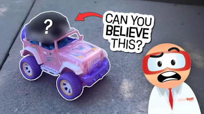 Pink toy Jeep with purple wheels next to cartoon character saying 'Can you believe this?' in surprised reaction meme format