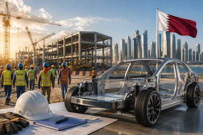 Electric vehicle chassis displayed at construction site with workers and Dubai skyline in background