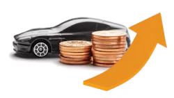 Black luxury car with stacked coins and orange upward arrow symbolizing financial growth and investment returns
