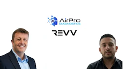 Two professional men with AirPro Diagnostics and REVV company logos displayed above them