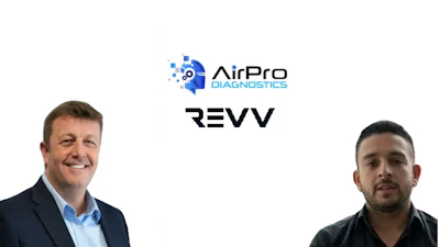 Two professional men with AirPro Diagnostics and REVV company logos displayed above them