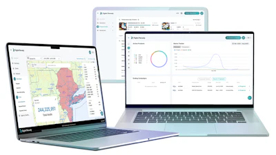 Digital Remedy analytics dashboard displayed on laptop and desktop showing geographic data, performance metrics, and campaign statistics