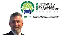 Professional man in business attire with Automotive Recyclers Association and ROE logo displayed above