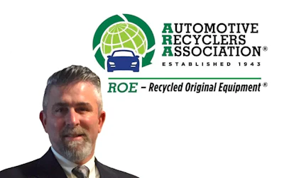 Professional man in business attire with Automotive Recyclers Association and ROE logo displayed above