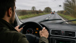 Driver steering car on rural highway with damaged windshield and vehicle ahead