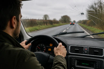 Driver steering car on rural highway with damaged windshield and vehicle ahead