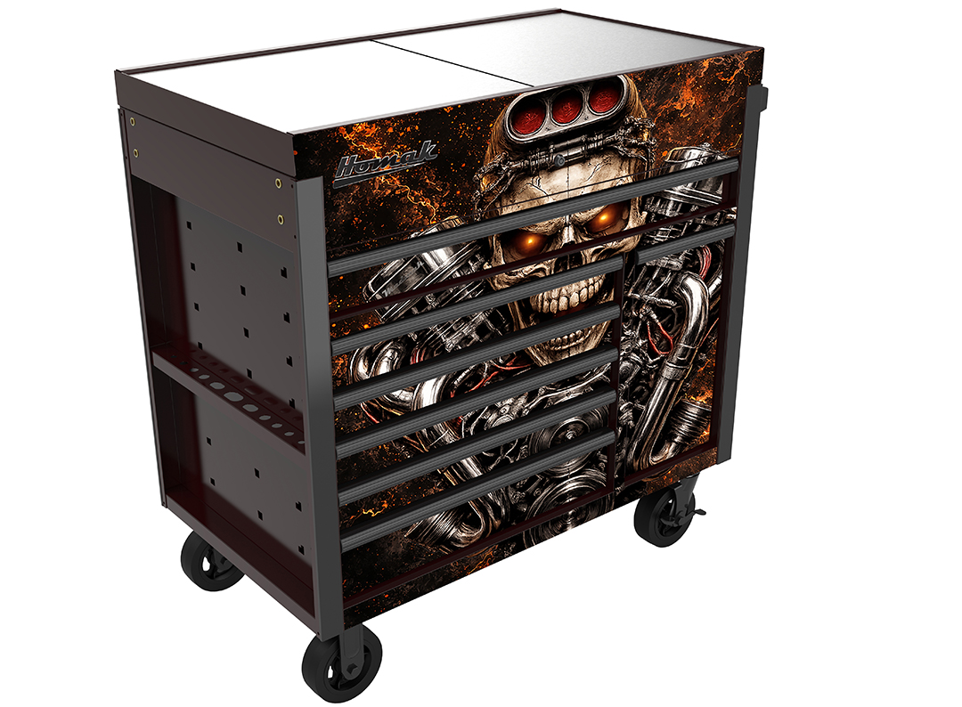 Black mobile tool chest with engine graphics and multiple drawers on wheels