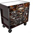 Black mobile tool chest with engine graphics and multiple drawers on wheels