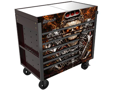 Black mobile tool chest with engine graphics and multiple drawers on wheels