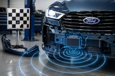 Ford vehicle in service bay with AR diagnostic visualization and holographic sensor display