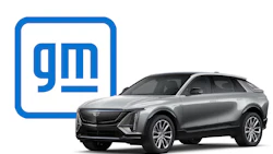 GM logo with silver Cadillac Lyriq luxury electric SUV