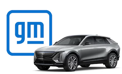 GM logo with silver Cadillac Lyriq luxury electric SUV