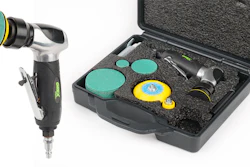 Pneumatic orbital sander kit with turquoise pads and accessories in black carrying case