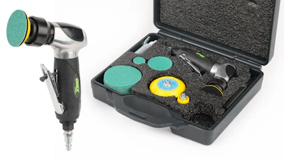 Pneumatic orbital sander kit with turquoise pads and accessories in black carrying case