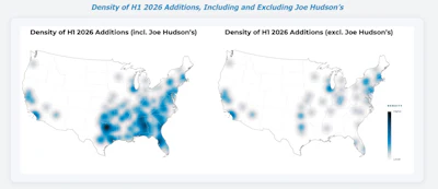 Two side-by-side US density maps comparing H1 2026 housing additions with and without Joe Hudson's developments