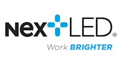 Nex LED logo with cyan plus symbol and 'Work BRIGHTER' tagline