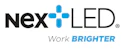 Nex LED logo with cyan plus symbol and 'Work BRIGHTER' tagline