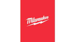 Milwaukee brand logo with white script lettering and lightning bolt on red background