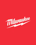 Milwaukee brand logo with white script lettering and lightning bolt on red background
