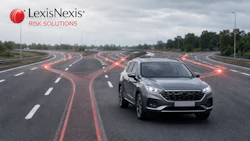 Modern SUV on highway with red augmented reality path visualization and LexisNexis Risk Solutions branding