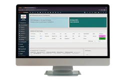 Business analytics dashboard displayed on desktop monitor showing KPI metrics, data tables, and performance charts