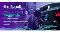 Mitchell Q2 2026 Plugged-In EV Collision Insights report featuring electric vehicle charging with purple cityscape background