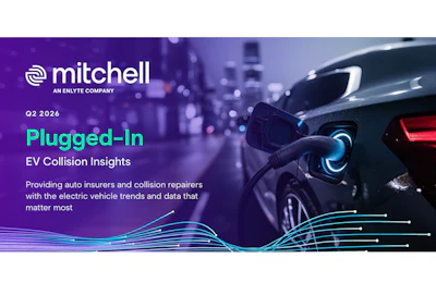 Mitchell Q2 2026 Plugged-In EV Collision Insights report featuring electric vehicle charging with purple cityscape background