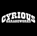 Cyrious Garageworks logo featuring white text on black background with curved banner design