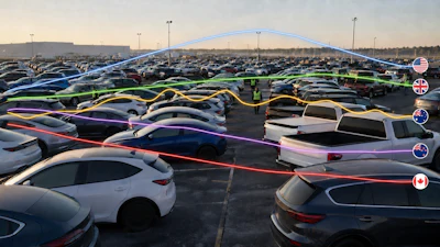 Aerial view of car lot with rows of vehicles and colored overlay lines indicating routes or inventory organization