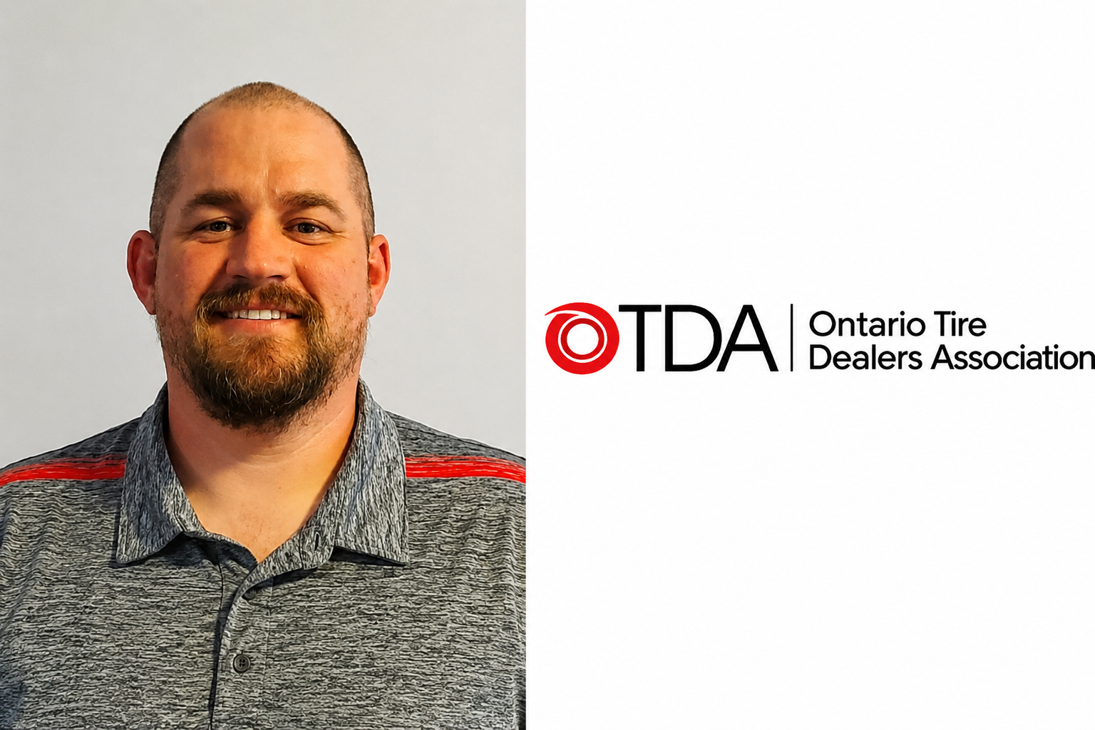 Professional headshot of smiling man in gray polo shirt next to Ontario Tire Dealers Association logo