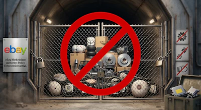 Locked industrial vault with prohibited items and eBay marketplace authority notice displayed